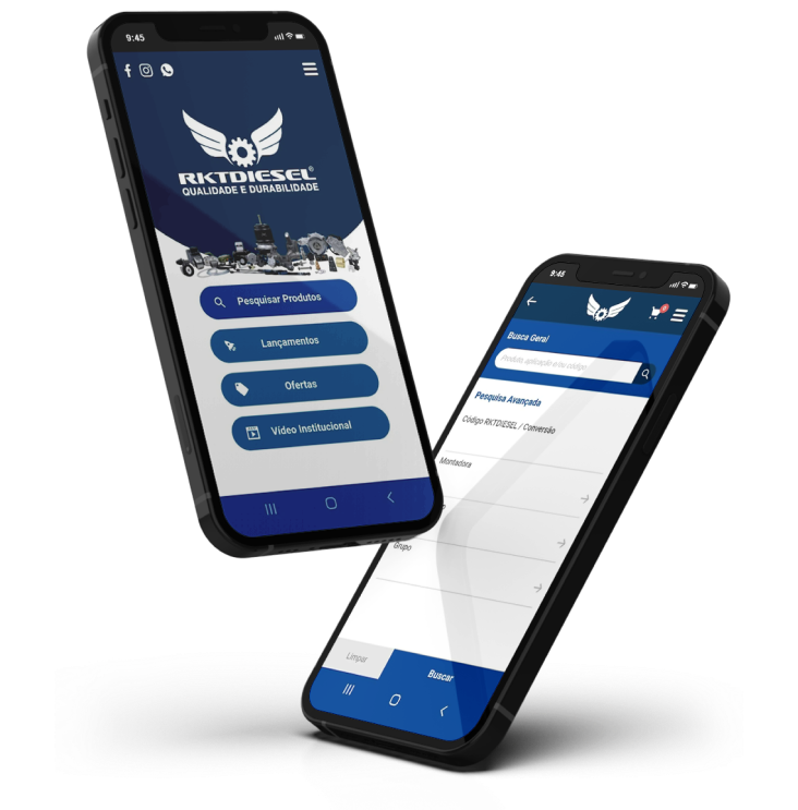App RKTDIESEL Imagem de dois celulares, um ao lado do outro, exibindo o app Mobile da empresa RKTDIESEL